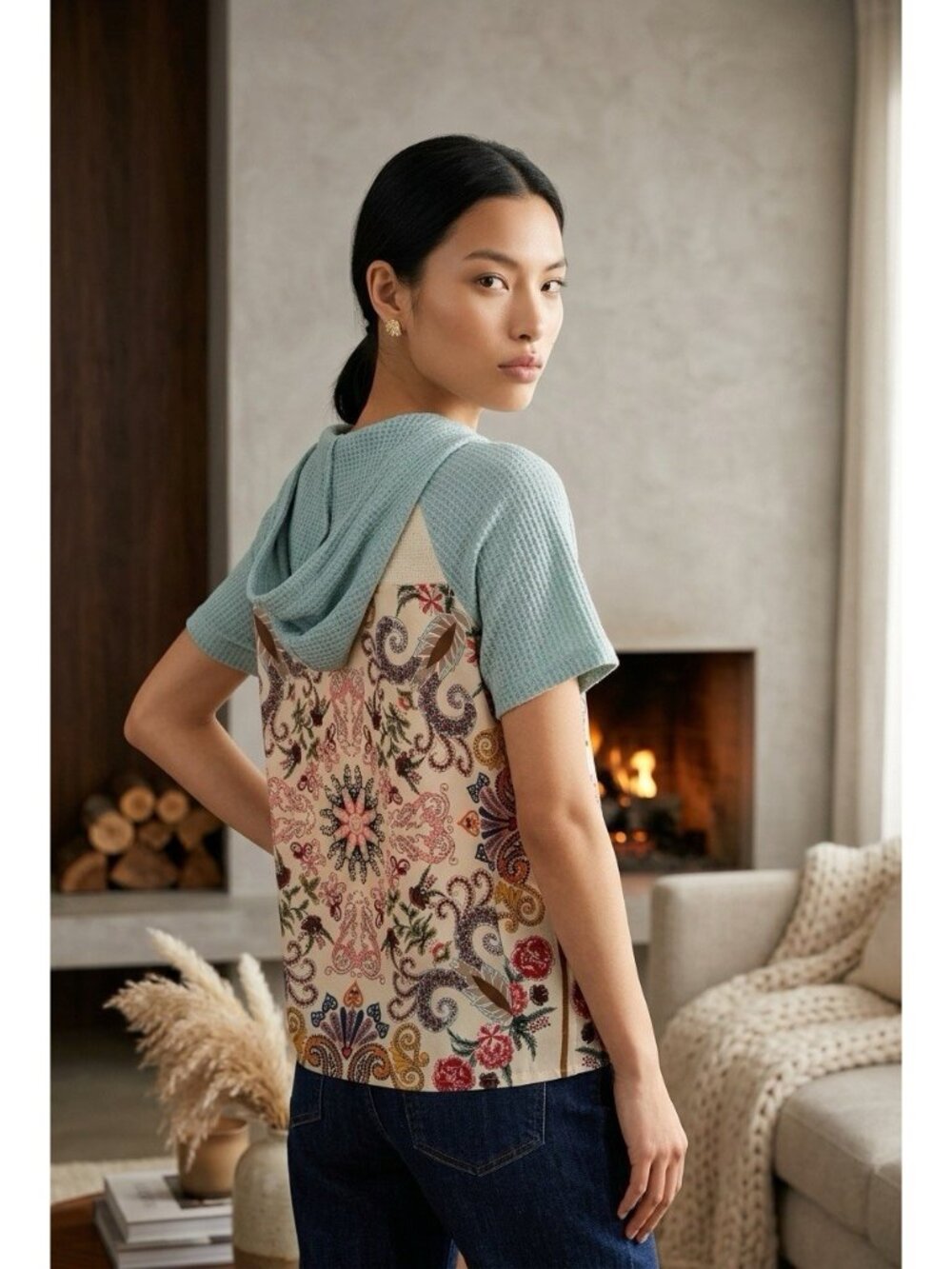Umgee Floral‎ Boho Pullover Hoodie Top Knit Short Sleeve